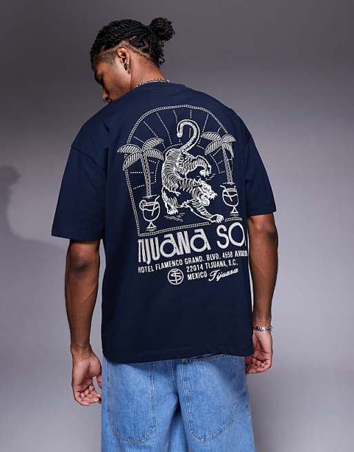 DESIGN Oversized T-shirt With Tijuana Tiger Graphic In Navy