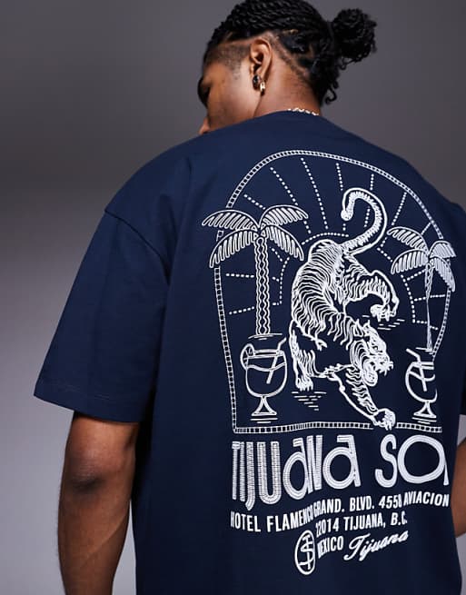 DESIGN oversized t-shirt with Tijuana tiger graphic in navy