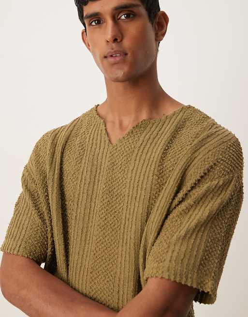 DESIGN Oversized T-shirt With V Neck In Khaki Texture