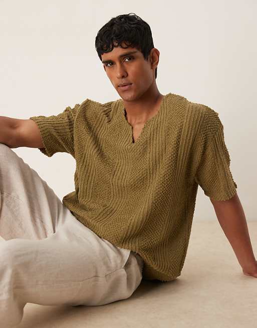DESIGN oversized t-shirt with v neck in khaki texture