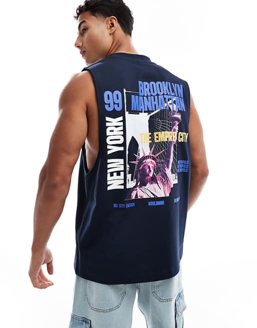 DESIGN oversized tank with city graphic in navy