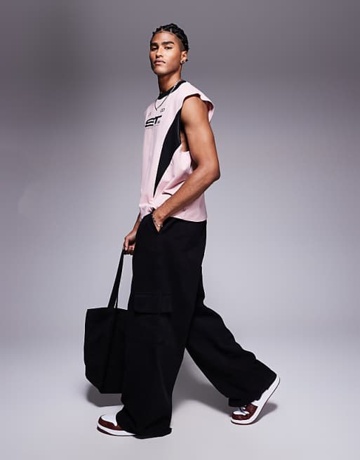 DESIGN Oversized Tank With Cut And Sew Detail And Sports Graphic In Pink