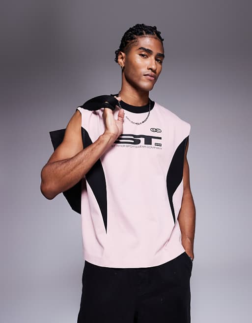 DESIGN oversized tank with cut and sew detail and sports graphic in pink