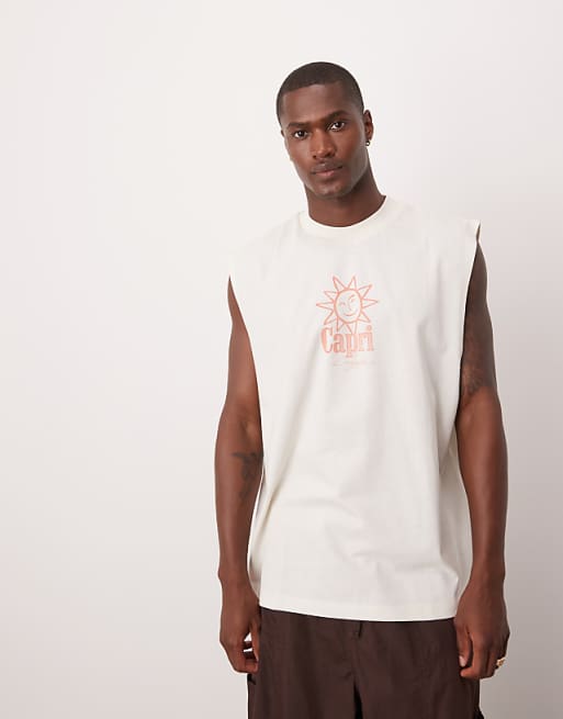 DESIGN Oversized Tank With Dropped Armhole And Sun Graphic In Off White