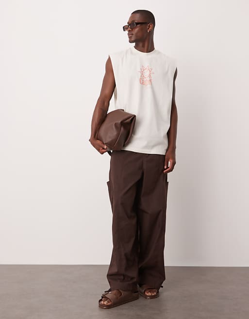 DESIGN Oversized Tank With Dropped Armhole And Sun Graphic In Off White