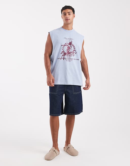 DESIGN Oversized Tank With Dropped Armhole And Street Graphic In Light Blue