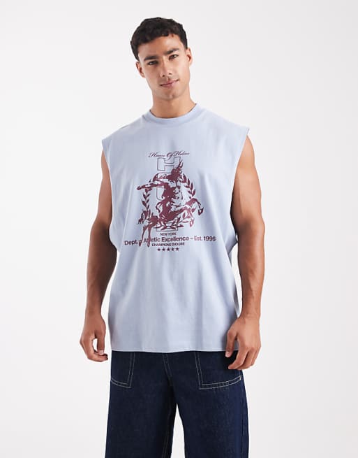 DESIGN oversized tank with dropped armhole and street graphic in light blue
