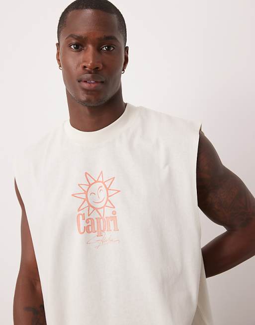 DESIGN oversized tank with dropped armhole and sun graphic in off white