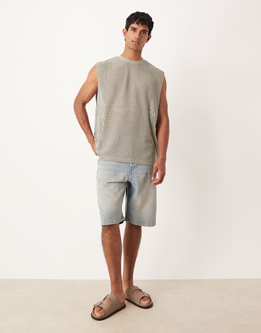 DESIGN Oversized Tank With Dropped Armhole In Sage Open Mesh
