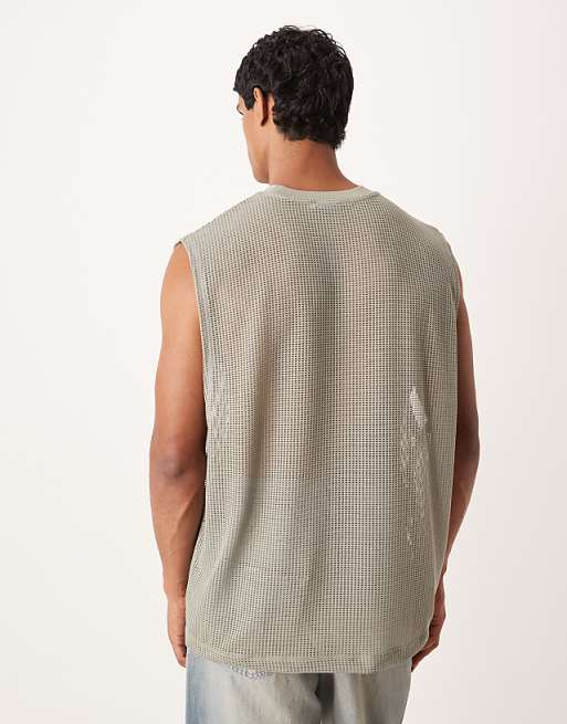 DESIGN Oversized Tank With Dropped Armhole In Sage Open Mesh
