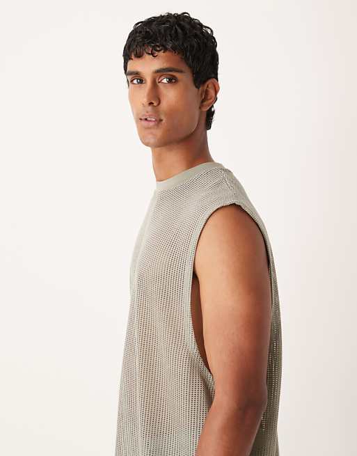 DESIGN Oversized Tank With Dropped Armhole In Sage Open Mesh