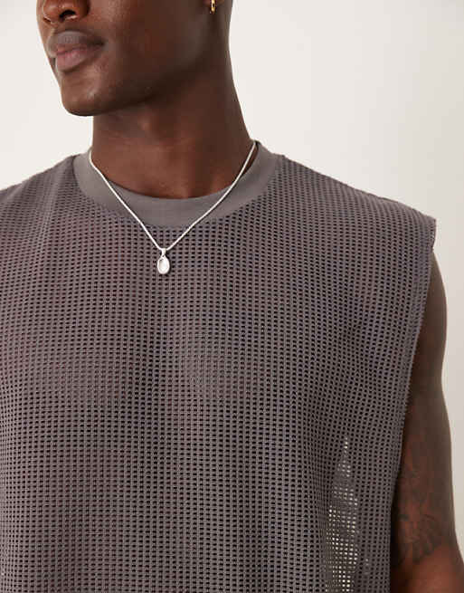 DESIGN Oversized Tank With Dropped Armhole In Charcoal Open Mesh