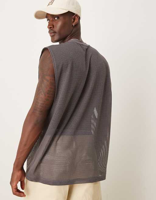 DESIGN Oversized Tank With Dropped Armhole In Charcoal Open Mesh