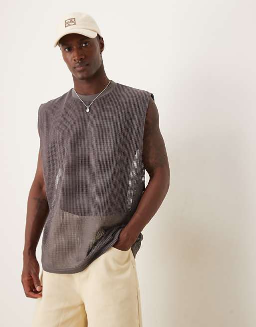 DESIGN oversized tank with dropped armhole in charcoal open mesh