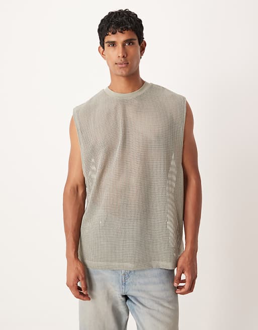 DESIGN oversized tank with dropped armhole in sage open mesh