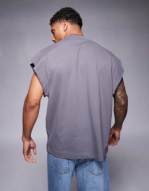 DESIGN Oversized Tank With Raw Hem Sleeve In Charcoal