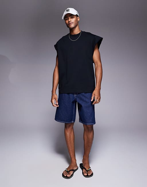 DESIGN Oversized Tank With Raw Hem Sleeve In Black