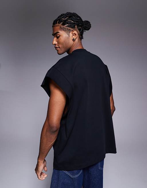 DESIGN Oversized Tank With Raw Hem Sleeve In Black