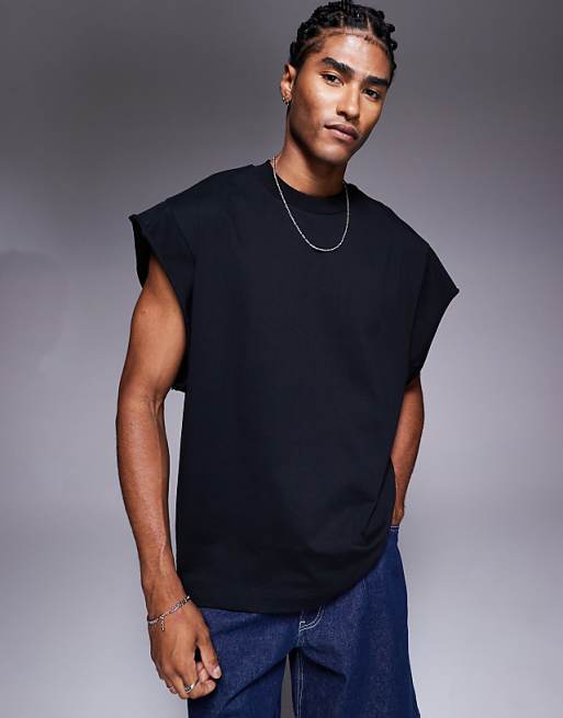 DESIGN oversized tank with raw hem sleeve in black