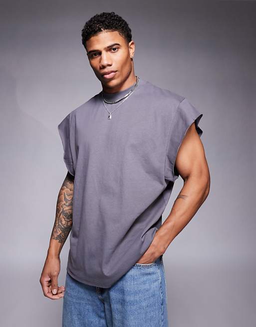 DESIGN oversized tank with raw hem sleeve in charcoal