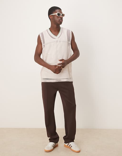 DESIGN Oversized Tank With V-neck In Stone Open Mesh