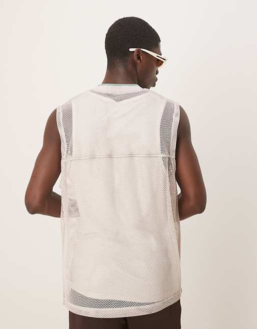 DESIGN Oversized Tank With V-neck In Stone Open Mesh