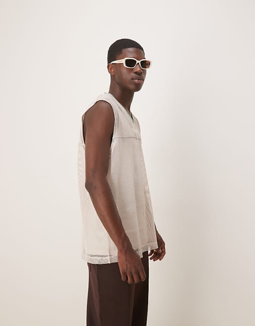 DESIGN oversized tank with v-neck in stone open mesh