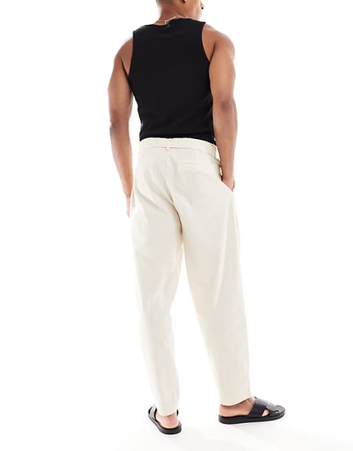 DESIGN Oversized Tapered Linen Look Trouser With Belt In Beige