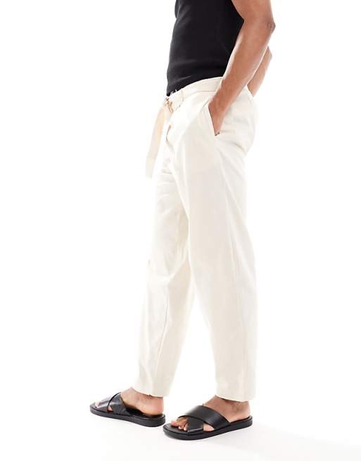 DESIGN Oversized Tapered Linen Look Trouser With Belt In Beige