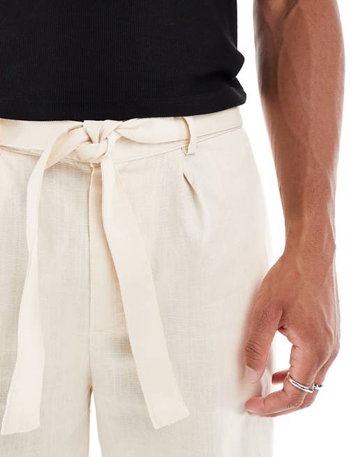 DESIGN Oversized Tapered Linen Look Trouser With Belt In Beige