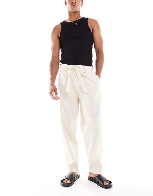 DESIGN oversized tapered linen look trouser with belt in beige