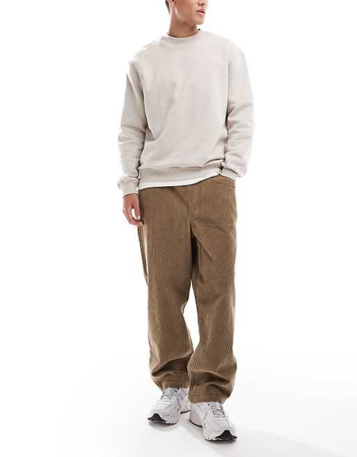 DESIGN Oversized Tapered Pull On Trousers In Beige Corduroy