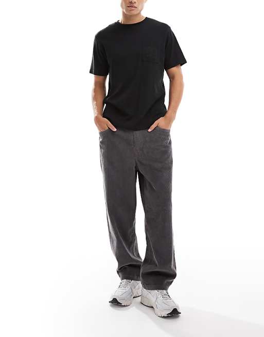 DESIGN Oversized Tapered Pull On Trousers In Charcoal Corduroy