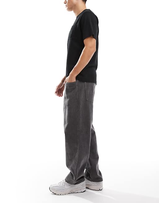 DESIGN Oversized Tapered Pull On Trousers In Charcoal Corduroy