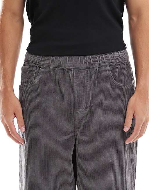 DESIGN Oversized Tapered Pull On Trousers In Charcoal Corduroy