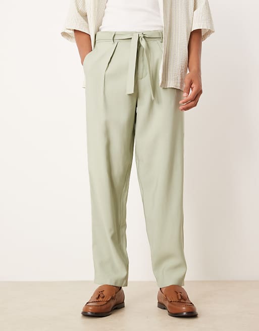 DESIGN Oversized Tapered Smart Trousers With Belt Detail In Green