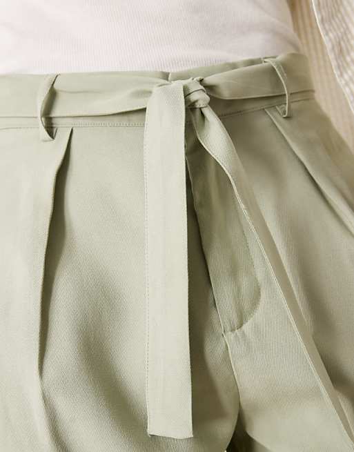 DESIGN Oversized Tapered Smart Trousers With Belt Detail In Green