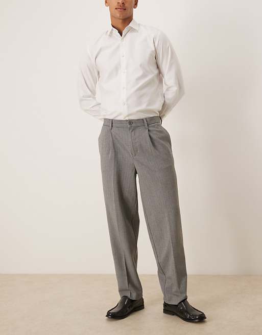 DESIGN Oversized Tapered Wool Look Trousers With Pleat Detail In Grey