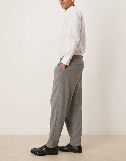 DESIGN Oversized Tapered Wool Look Trousers With Pleat Detail In Grey