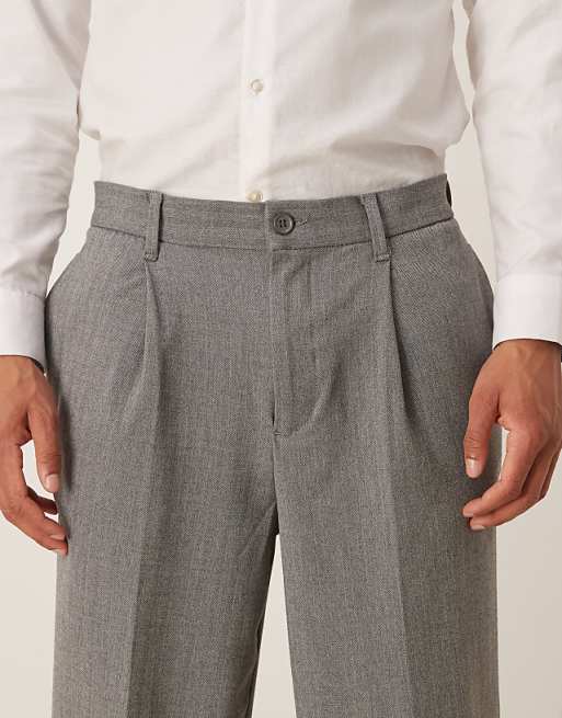 DESIGN Oversized Tapered Wool Look Trousers With Pleat Detail In Grey