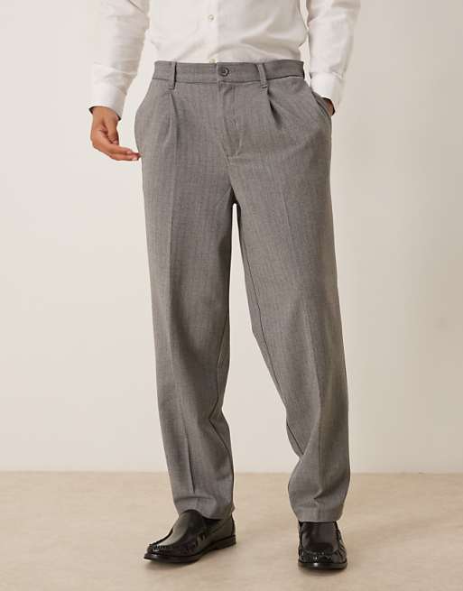 DESIGN oversized tapered wool look trousers with pleat detail in grey
