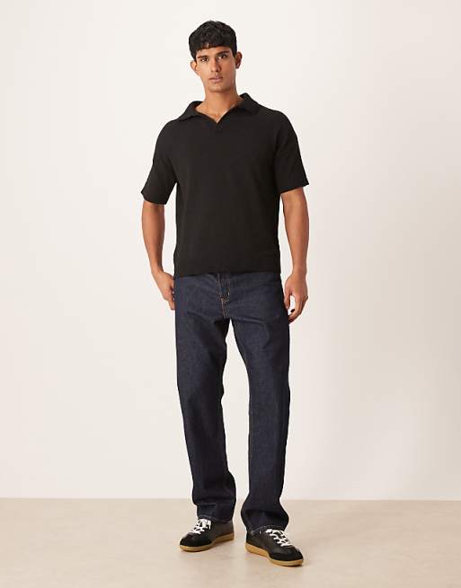 DESIGN Oversized Textured Knitted Notch Neck Polo In Black