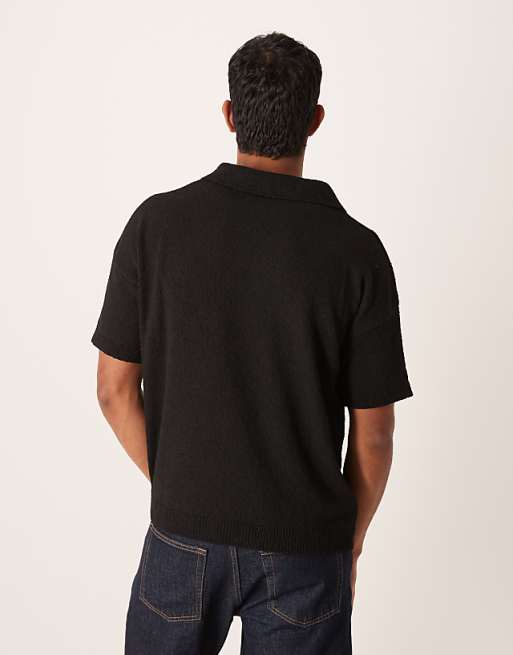 DESIGN Oversized Textured Knitted Notch Neck Polo In Black