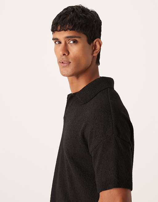 DESIGN Oversized Textured Knitted Notch Neck Polo In Black