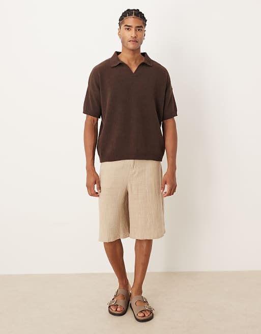 DESIGN Oversized Textured Knitted Notch Neck Polo In Brown
