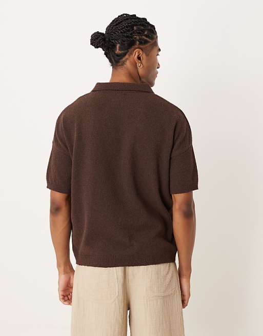 DESIGN Oversized Textured Knitted Notch Neck Polo In Brown
