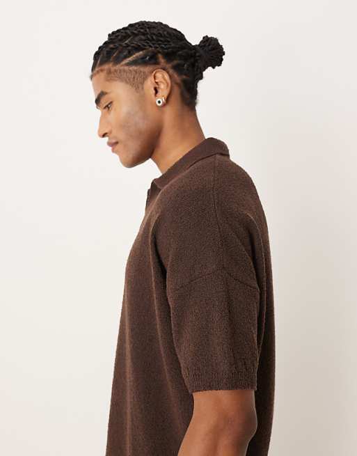 DESIGN Oversized Textured Knitted Notch Neck Polo In Brown