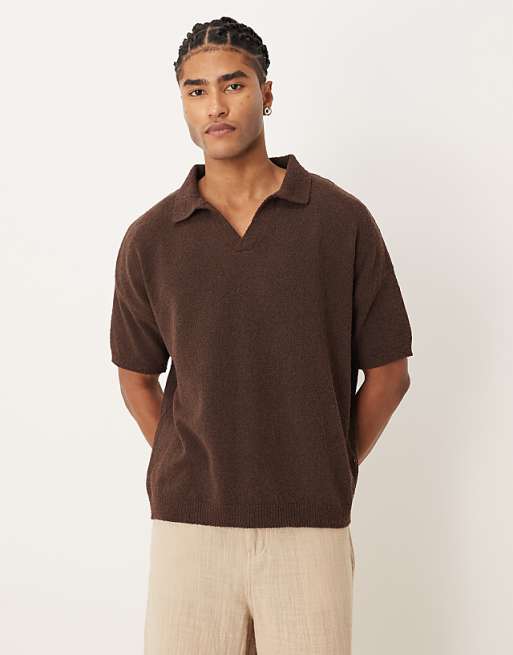 DESIGN oversized textured knitted notch neck polo in brown