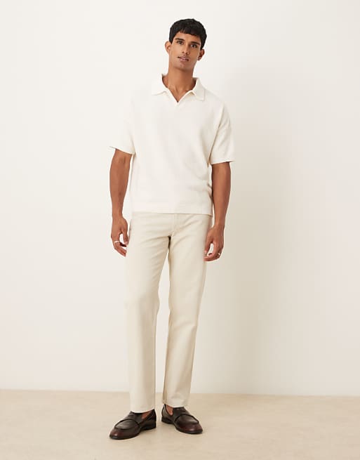 DESIGN Oversized Textured Knitted Notch Neck Polo In Ecru
