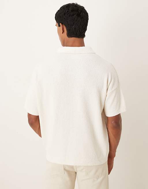 DESIGN Oversized Textured Knitted Notch Neck Polo In Ecru
